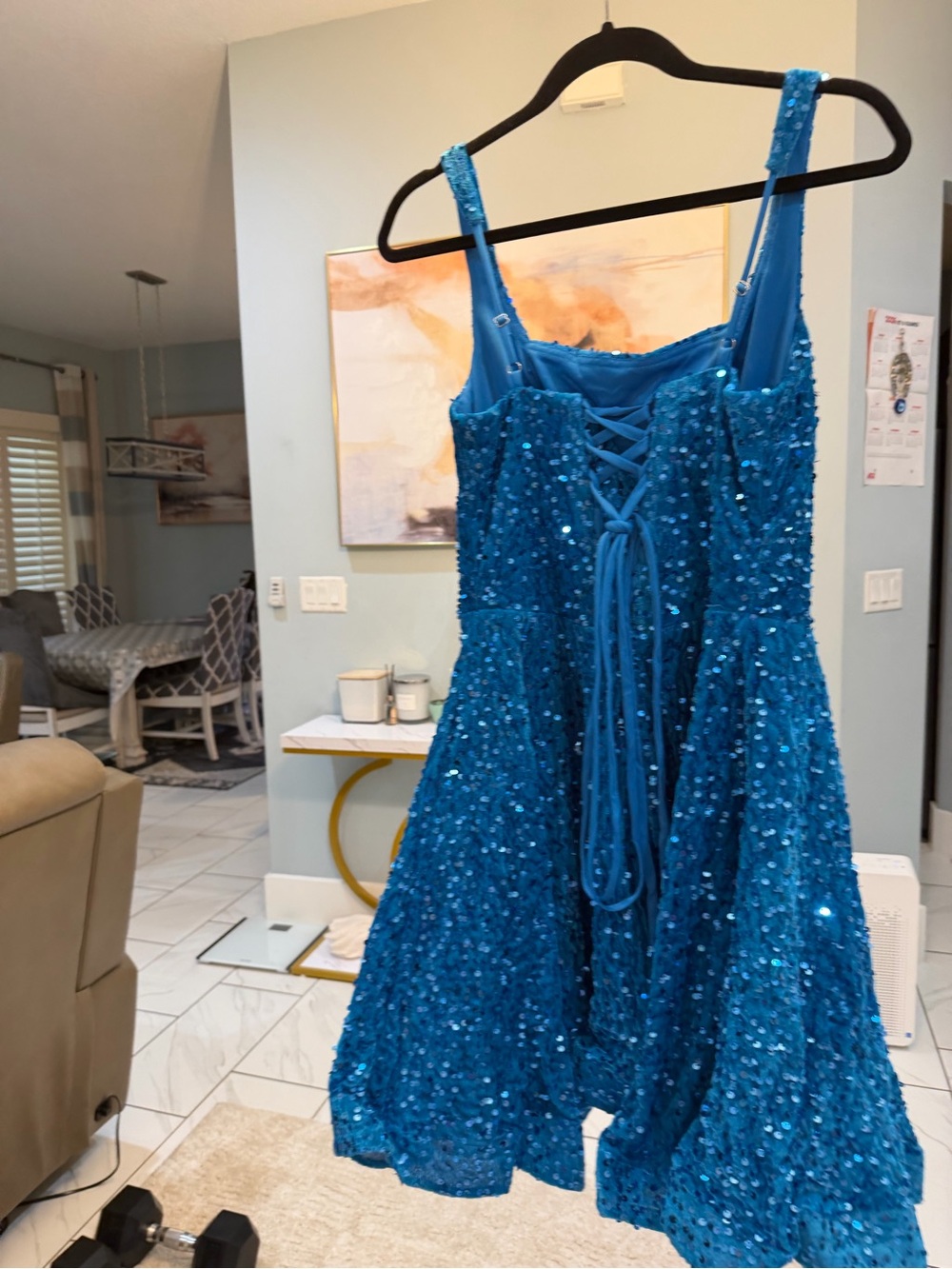 Blue Sequin Lace-Up Slip Dress